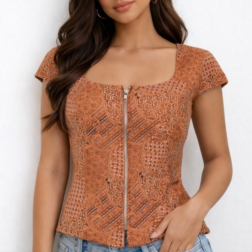 Vtg BENTLEY ARBUCKLE Orange Paisley Patchwork Square Neck Zipper Blouse